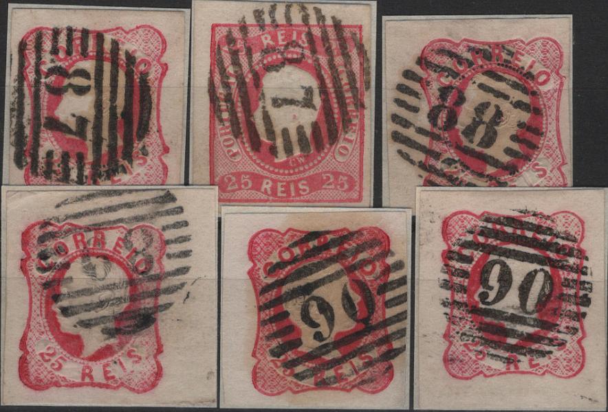 0376.jpg -     Lote:    376                   Descrição:         1856/67 &mdash; D. Pedro V, cabelos anelados + D. Luís I. Lote com 6 selos: Mf13, 25 reis carmim rosa + 5xMf16, 25 reis carmim rosa. Obliterados com carimbos numéricos da 1.ª reforma, batidos a preto 2x "87 &mdash; FIGUEIRA DA FOZ" + "88 &mdash; MEALHADA" + "89 &mdash; ANADIA" + 2x "90 &mdash; MONTEMOR-O-VELHO", todos do tipo 4.3.4. Exemplares sem defeitos nem reparações com margens de luxo na generalidade.         O       Valor Base:     &euro; 25,00     Valor Venda:     &euro;      