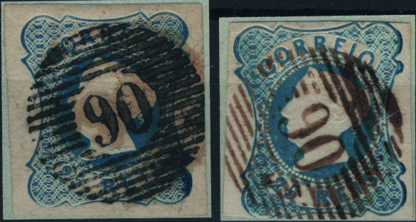 0377.jpg -     Lote:    377                   Descrição:         1853 &mdash; D. Maria II. Mf2, 25 reis azul. Lote de dois selos, um do tipo I e outro do tipo II, obliterados com carimbos numéricos da 1.ª reforma, um batido a preto e outro a sépia "90 &mdash; MONTEMO-O-VELHO", tipo 6.8.6. Exemplares sem defeitos nem reparações.         O       Valor Base:     &euro; 20,00     Valor Venda:     &euro;      