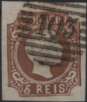 0383.jpg -     Lote:    383                   Descrição:         1856/58 &mdash; D. Pedro V. Cabelos anelados. Mf10, 5 reis castanho amarelo, com margens normais, obliterado com carimbo numérico da 1.ª reforma, batido a preto "103 &mdash; BARCELOS", tipo 4.3.4. Exemplar sem defeitos nem reparações.         O       Valor Base:     &euro; 15,00     Valor Venda:     &euro;      