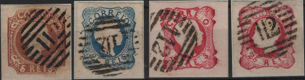 0396.jpg -     Lote:    396                   Descrição:         1855/64 &mdash; D. Pedro V, cabelos lisos + D. Pedro V, cabelos anelados + D. Luís I. Lote composto por 4 selos: Mf6, 25 reis azul, tipo I + Mf10, 5 reis castanho, tipo V + Mf13, 25 reis carmim roda + Mf16, 25 reis carmim rosa. Exemplares com margens de luxo na generalidade, obliterados com carimbos numéricos da 1.ª reforma, batidos a preto "112 &mdash; VISEU", três do tipo 5.3.5 e um do tipo 4.3.4, com diferentes tipos de carimbo.         O       Valor Base:     &euro; 25,00     Valor Venda:     &euro;      