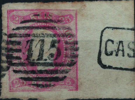 0397.jpg -     Lote:    397                   Descrição:         1866/67 &mdash; D. Luís I. Fita curva, não denteados. Mf25, 25 reis rosa. Exemplar bordo de folha, com as restantes margens de luxo, obliterado com carimbo da 1.ª reforma, batido a preto "115 &mdash; CASTRO DAIRE", tipo 4.3.4, e carimbo nominativo batido a preto "CASTRODAIRE". B e R.         O       Valor Base:     &euro; 20,00     Valor Venda:     &euro;      