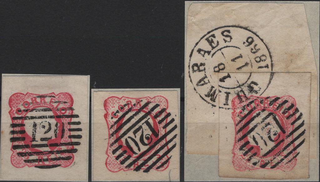 0399.jpg -     Lote:    399                   Descrição:         1856/64 &mdash; D. Pedro V. Cabelos anelados + D. Luís I. Lote composto por 3 selos com margens de luxo: Mf13, 25 reis carmim rosa + 2xMf16, 25 reis carmim rosa. Obliterados com carimbos numéricos da 1.ª reforma, batidos a preto, tipo 4.3.4, de "120 &mdash; GUARDA". Exemplares sem defeitos nem reparações.         O       Valor Base:     &euro; 20,00     Valor Venda:     &euro;      