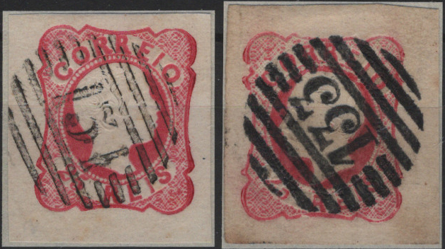 0407.jpg -     Lote:    407                   Descrição:         1856/54 &mdash; D. Pedro V. Cabelos anelados + D. Luís I. Lote composto por 2 selos, ambos com margens de luxo: Mf13, 25 reis carmim rosa + Mf16, 25 reis carmim rosa, obliterados com carimbos numéricos da 1.ª reforma, batidos a preto, tipo 4.3.4, de "131 &mdash; SABUGAL", "133 &mdash; NELAS". Exemplares sem defeitos nem reparações.         O       Valor Base:     &euro; 20,00     Valor Venda:     &euro;      