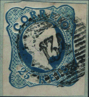 0408.jpg -     Lote:    408                   Descrição:         1856/58 &mdash; D. Pedro V. Cabelos anelados. Mf12, 25 reis azul, tipo II, com margens de luxo a curtas, obliterado com carimbo numérico da 1.ª reforma, batido a preto "134 &mdash; TRANCOSO", tipo 20 barras, sem defeitos nem reparações         O       Valor Base:     &euro; 15,00     Valor Venda:     &euro;      