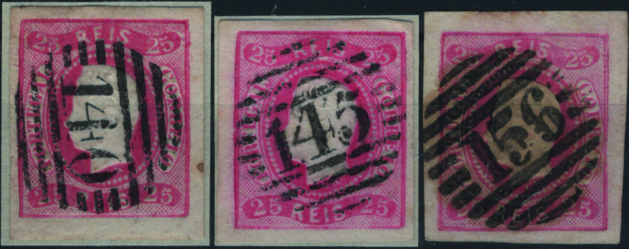 0411.jpg -     Lote:    411                   Descrição:         1866/67 &mdash; D. Luís I. Fita curva, não denteados. Mf22, 25 reis carmim rosa. Lote com 3 selos, com boas margens, obliterados com carimbos numéricos da 1.ª reforma, batidos a preto, tipo 4.3.4, de "140 &mdash; ALVAIAZERE", "145 &mdash; COVILHÃ" e "156 &mdash; TOMAR". Exemplares sem defeitos nem reparações.         O       Valor Base:     &euro; 20,00     Valor Venda:     &euro;      