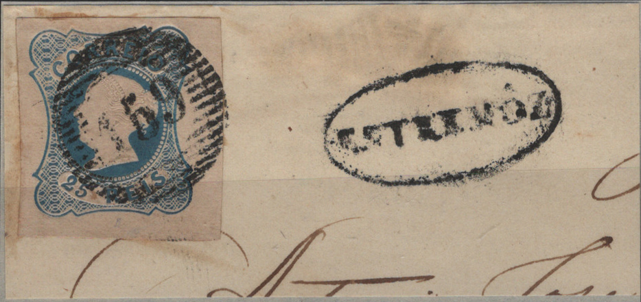 0417.jpg -     Lote:    417                   Descrição:         1853 &mdash; D. Maria II. Mf2, 25 reis azul, tipo II, com margens de luxo a normais, sobre fragmento, obliterado com carimbo numérico da 1.ª reforma, batido a preto "159 &mdash; ESTREMOZ", tipo 5.10.5 e nominativo a preto "ESTREMÔZ".         FRG       Valor Base:     &euro; 20,00     Valor Venda:     &euro;      
