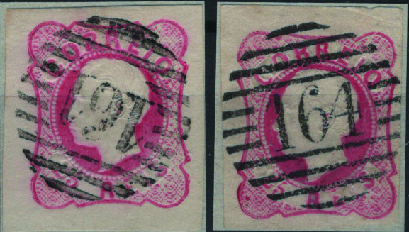 0421.jpg -     Lote:    421                   Descrição:         1862/64 &mdash; D. Luís I. Mf16, 25 reis carmim rosa e rosa. Lote com dois selos com margens normais a largas, obliterados com carimbos numéricos da 1.ª reforma, batidos a preto "161 &mdash; ARRAIOLOS" e "164 &mdash; CRATO". Exemplares sem defeitos nem reparações.         O       Valor Base:     &euro; 20,00     Valor Venda:     &euro;      