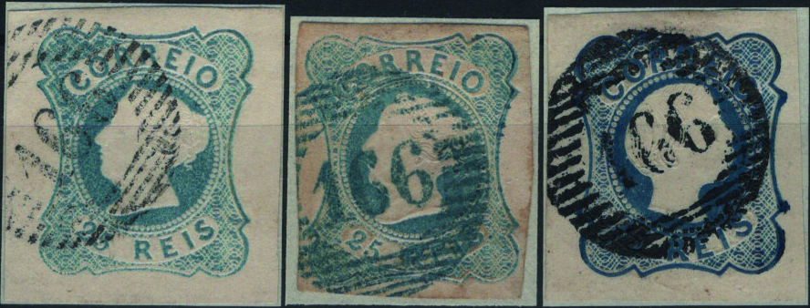 0423.jpg -     Lote:    423                   Descrição:         1853/56 &mdash; D. Maria II + D. Pedro C. Cabelos lisos. Lote com 3 selos obliterados com carimbos numéricos da 1.ª reforma, tipo 5.10.5, batidos a preto (2) e azul, "166 &mdash; ÉVORA": Mf2 25 reis azul, tipo I com margens de luxo + Mf2, 25 reis azul esverdeado, tipo I (carimbo azul), com margens curtas e Mf6, 25 reis azul, tipo I, com margens largas.         O       Valor Base:     &euro; 30,00     Valor Venda:     &euro;      