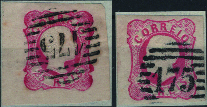 0432.jpg -     Lote:    432                   Descrição:         1856/64 &mdash; D. Pedro V. Cabelos anelados + D. Luís I. Lote com dois selos: Mf13, 25 reis rosa carmim, com margens de luxo + Mf16, 25 reis carmim rosa, com margens normais, obliterados com carimbos batidos a preto "175 &mdash; VILA VIÇOZA", tipo 3.5.3. Exemplares sem defeitos nem reparações.         O       Valor Base:     &euro; 20,00     Valor Venda:     &euro;      
