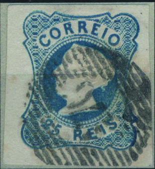 0433.jpg -     Lote:    433                   Descrição:         1853 &mdash; D. Maria II. Mf2, 25 reis azul, tipo II. Exemplar com margens muito largas, obliterado com carimbo numérico da 1.ª reforma, batido a preto "176 &mdash; VILA REAL", tipo 5.10.5. Exemplar sem defeitos nem reparações.         O       Valor Base:     &euro; 20,00     Valor Venda:     &euro;      
