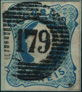 0436.jpg -     Lote:    436                   Descrição:         1853 &mdash; D. Maria II. Mf2, 25 reis azul, tipo II, com margens curtas, obliterado com carimbo numérico da 1.ª reforma, batido a preto "179 &mdash; MACEDO DE CAVALEIROS", tipo 5.10.5. Exemplar sem defeitos bem reparações.         O       Valor Base:     &euro; 15,00     Valor Venda:     &euro;      