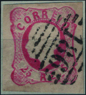 0442.jpg -     Lote:    442                   Descrição:         1862/64 &mdash; D. Luís I. Mf16, 25 reis carmim rosa, com margens normais, obliterado com carimbo numérico da 1.ª reforma. batido a preto "186 &mdash; MURÇA", tipo 4.3.4. Exemplar sem defeitos nem reparações.         O       Valor Base:     &euro; 15,00     Valor Venda:     &euro;      