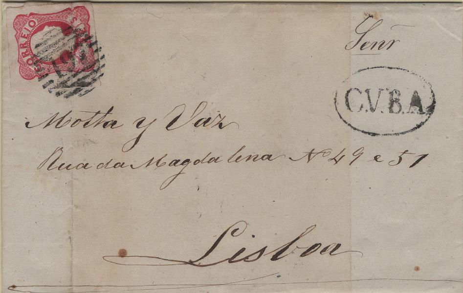 0449.jpg -     Lote:    449                   Descrição:         1856/58 &mdash; D. Pedro V. Cabelos anelados. Mf13, 25 reis carmim rosa, com margens de luxo a normais em carta remetida de Cuba (23.07.61) para Lisboa (25.07.61) obliterado com carimbo numérico da 1.ª reforma, batido a preto "197 &mdash; CUBA", tipo 4.3.4 + nominativo a preto "CUBA" do período pré-adesivo. Exemplar com dobra da carta, sem reparações.         Carta       Valor Base:     &euro; 20,00     Valor Venda:     &euro;      