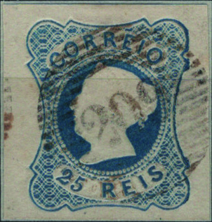 0457.jpg -     Lote:    457                   Descrição:         1853 &mdash; D. Maria II. Mf2, 25 reis azul, tipo I, com 3 margens de luxo e uma normal, obliterado com carimbo numérico da 1.ª reforma, batido a preto "209 &mdash; ALBUFEIRA", tipo 5.10.5. Exemplar sem defeitos nem reparações.         O       Valor Base:     &euro; 20,00     Valor Venda:     &euro;      