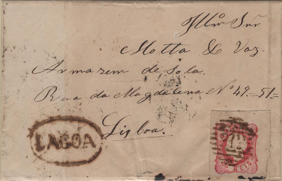 0460.jpg -     Lote:    460                   Descrição:         1862/64 &mdash; D. Luís I. Mf16, 25 reis carmim rosa, com margens de luxo em carta circulada de Lagoa (20.03.67) para Lisboa, obliterado com carimbo numérico da 1.ª reforma, batido a sépia "212 &mdash; LAGOA", tipo 4.3.4 + nominativo batido a sépia "LAGOA" do período pré-adesivo.         Carta       Valor Base:     &euro; 20,00     Valor Venda:     &euro;      