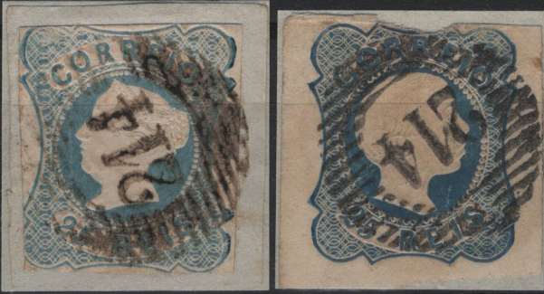 0464.jpg -     Lote:    464                   Descrição:         1853/56 &mdash; D. Maria II + D. Pedro V. Cabelos anelados. Lote com dois selos. MF2, 25 reis azul, tipo I, com margens curtas + Mf7, 25 reis azul, com margens normais a curta, obliterados com carimbos numéricos da 1.ª reforma, batidos a preto "214 &mdash; LOULÉ", tipo 5.10.5.         O       Valor Base:     &euro; 15,00     Valor Venda:     &euro;      