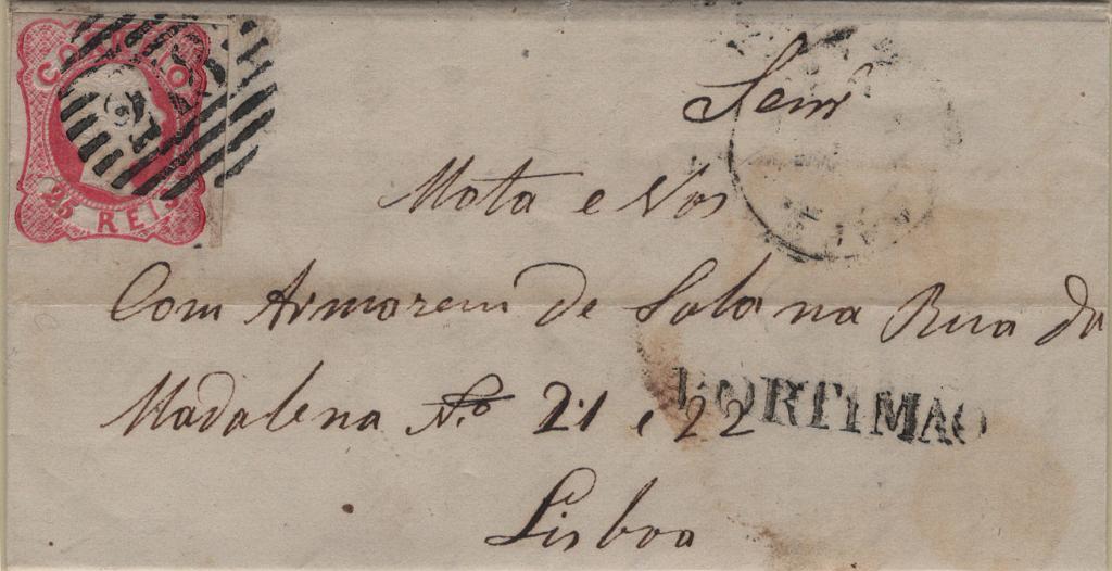 0468.jpg -     Lote:    468                   Descrição:         1856/64 &mdash; D. Pedro V, cabelos anelados + D. Luís I. Lote composto por duas cartas obliteradas com carimbos numéricos da 1.ª reforma "218 &mdash; VILA NOVA DE PORTIMÃO" e nominativos pré-filatélicos "VLA NVA / DE / PORTIMÃO" e "PORTIMÃO" : uma com selo Mf13, 25 reis com margens curtas circulada de Monchique (05.11.60) para Lisboa, com as marcas batidas a preto e outra com selo Mf16, 25 reis carmim rosa, com 3 margens curtas e uma normal, circulada de Monchique (03.11.66), obliterados com marcas batidas a preto.         Carta       Valor Base:     &euro; 25,00     Valor Venda:     &euro;      