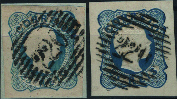 0470.jpg -     Lote:    470                   Descrição:         1855/58 &mdash; D. Pedro V, cabelos lisos + D. Pedro V, cabelos anelados. Lote com dois selos, com margens largas, bem equilibradas: Mf7, 25 reis azul, tipo II + Mf12, 25 reis azul, tipo II, ambos obliterados com carimbos numéricos da 1.ª reforma, batidos a preto "220 &mdash; FAFE", tipo 3.9.3. Exemplares sem defeitos nem reparações.         O       Valor Base:     &euro; 20,00     Valor Venda:     &euro;      