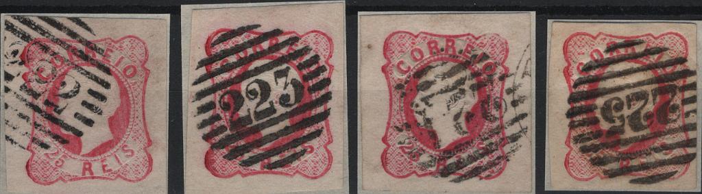 0472.jpg -     Lote:    472                   Descrição:         1862/64 &mdash; D. Luís I. Mf16, 25 reis carmim rosa. Lote com 4 selos, com margens de luxo na generalidade, obliterados com carimbos numéricos da 1.ª reforma, batidos a preto "222 &mdash; ARCOS DE VALDEVEZ", "223 &mdash; FELGUEIRAS", "224 &mdash; PÓVOA DE LANHOSO" e "225 &mdash; BARCA D'ALVA". Exemplares sem defeitos nem reparações.         O       Valor Base:     &euro; 30,00     Valor Venda:     &euro;      