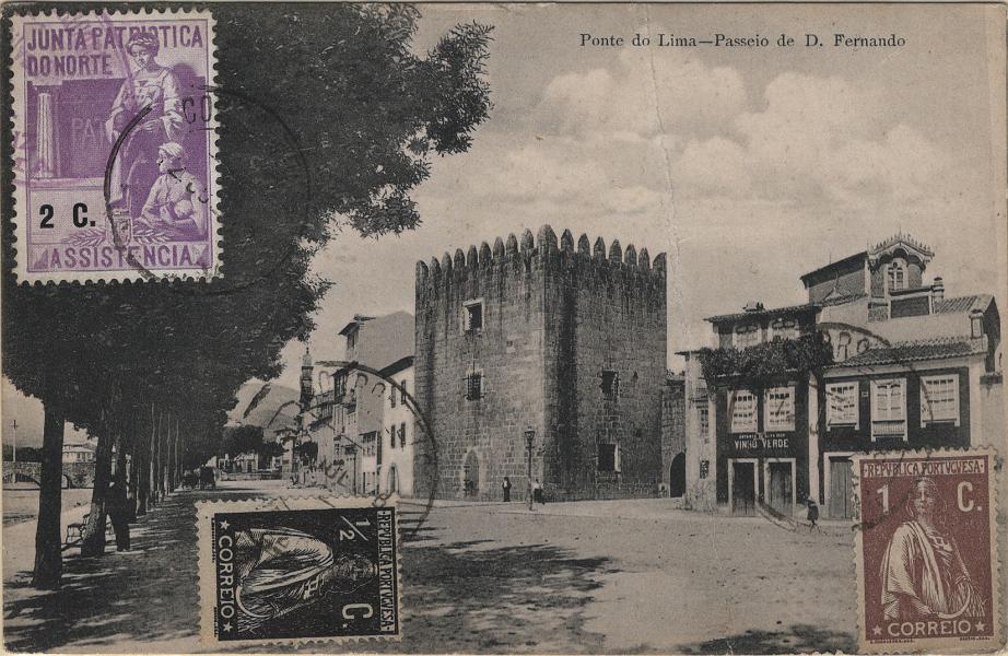 0477.jpg -     Lote:    477                   Descrição:         1912 &mdash; Ceres. Postal ilustrado circulado de Ponte de Lima (12.07.18) para a França com selos de &frac12; c preto, Mf206c e 1c castanho, Mf221 e incluindo vinheta da Junta Patriótica do Norte de 2c (violeta). Censurado em Portugal. B e R.         PI       Valor Base:     &euro; 25,00     Valor Venda:     &euro;      