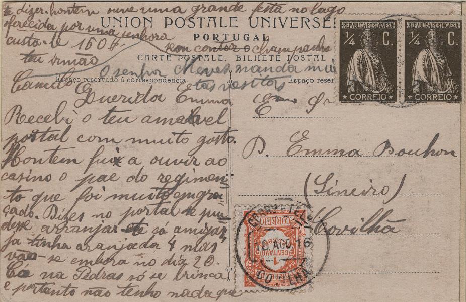 0479.jpg -     Lote:    479                   Descrição:         1912 &mdash; Ceres. Mf206c &frac14; c sépia escuro, papel pontinhado, denteado 15x14. Par horizontal em postal ilustrado circulado de Pedras Salgadas para a Covilhã (18.08.16) com insuficiência de porte. Porteado no dobro do porte em falta com selo de 1c laranja Mf POR22. Erradamente porteado como postal ilustrado pois deveria ter sido considerado como carta por terem sido utilizados espaços não reservados à correspondência.         PI       Valor Base:     &euro; 15,00     Valor Venda:     &euro;      
