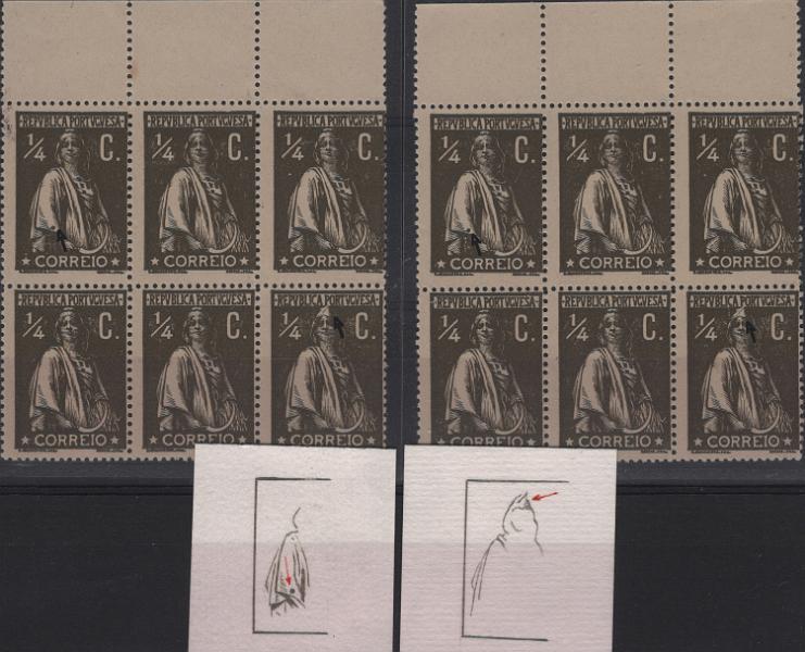 0480.jpg -     Lote:    480                   Descrição:         1912 &mdash; Ceres. Mf206g, &frac14; c sépia esverdeado, papel acetinado, denteado 15x14. Lote composto por duas quadras, bordo superior de folha, com goma original sem sinal de charneira, com duas variedades de cliché não catalogadas, mas repetitivas conforme se constata pelas duas quadras similares. Acompanham desenhos de Eduardo Silva.         ***       Valor Base:     &euro; 20,00     Valor Venda:     &euro;      