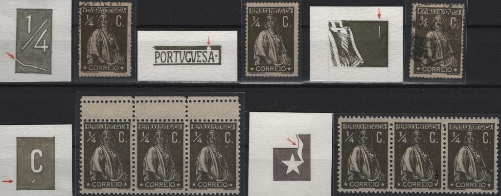 0482.jpg -     Lote:    482                   Descrição:         1912 &mdash; Ceres. Mf206, &frac14;c sépia. Lote com 3 selos e duas tiras horizontais com 3 selos com diferentes variedades de clichés. Acompanham desenhos de Eduardo Silva.         Lote       Valor Base:     &euro; 20,00     Valor Venda:     &euro;      