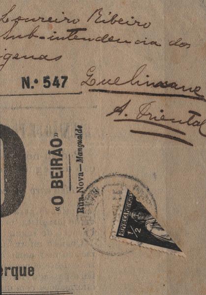 0490.jpg -     Lote:    490                   Descrição:         1912 &mdash; Ceres. Mf207c, &frac12; c preto, papel pontinhado, denteado 15x14. Selo bipartido em jornal "O Beirão" remetido de Mangualde para Quelimane em Moçambique, perfazendo o porte de &frac14; c para pagar o porte simples para jornais circulados para Moçambique com o peso até 50g. B e MR.         FRG       Valor Base:     &euro; 50,00     Valor Venda:     &euro;      