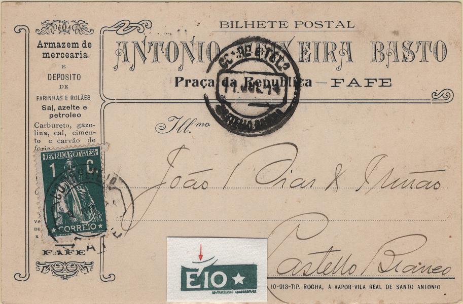 0497.jpg -     Lote:    497                   Descrição:         1912 &mdash; Ceres. Mf208, 1c verde escuro, papel porcelana, denteado 15x14 em bilhete-postal remetido de Fafe (09.07.14) para Castelo Branco (11.07.14). Selo com variedade de cliché MM XXXVII (x50). Acompanha desenho de Eduardo Silva. Exemplar sem defeitos nem reparações.         PI       Valor Base:     &euro; 20,00     Valor Venda:     &euro;      