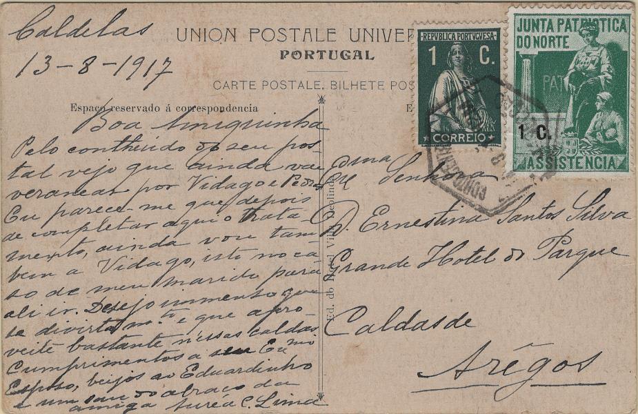 0499.jpg -     Lote:    499                   Descrição:         1912 &mdash; Ceres + Vinheta da Junta Patriótica do Norte. Mf208c, 1c verde escuro, papel pontinhado, denteado 15x14 em postal ilustrado circulado do Porto (14.08.17) para Caldas de Arêgo. Inclui vinheta de 1c (verde) da Junta Patriótica do Norte. Exemplar sem defeitos nem reparações. B e R.         PI       Valor Base:     &euro; 30,00     Valor Venda:     &euro;      