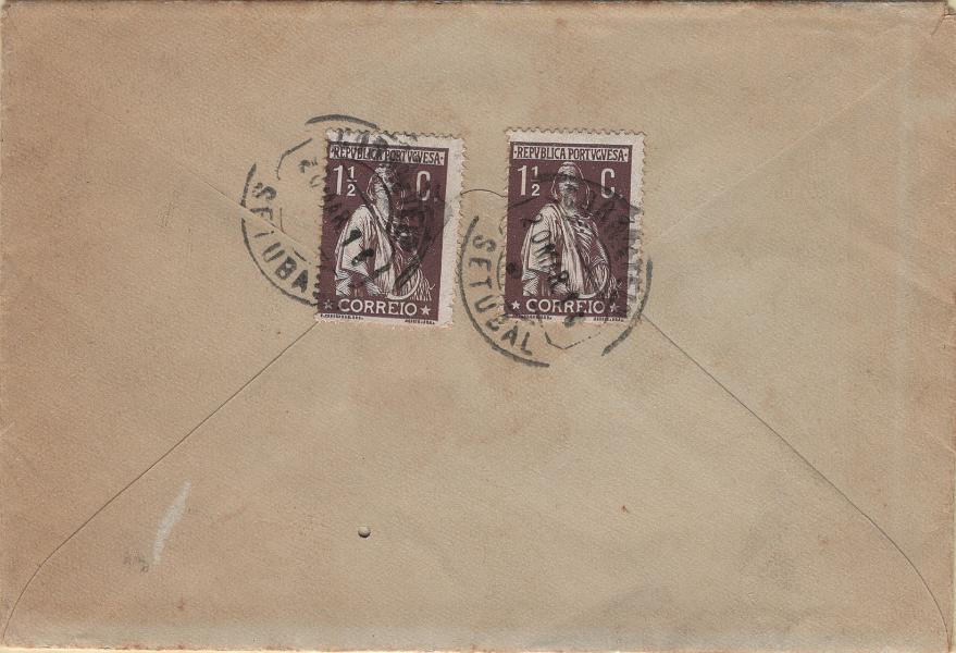 0504.jpg -     Lote:    504                   Descrição:         1912 &mdash; Ceres. Mf209, 1 &frac12; c castanho claro, papel porcelana, denteado 15x14. Dois selos em no verso de sobrescrito circulado de Setúbal (20.03.16) para Messejana, perfazendo o porte de 3c correspondente a: 2 &frac12; c pelo primeiro porte de cartas circuladas internamente com o peso até 20g e &frac12; c de excesso de porte. B e R.         Carta       Valor Base:     &euro; 25,00     Valor Venda:     &euro;      