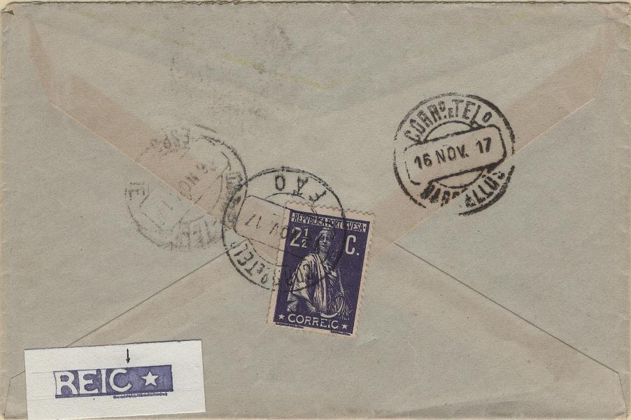 0512.jpg -     Lote:    512                   Descrição:         1912 &mdash; Ceres. Mf211c, 2 &frac12; c violeta escuro, papel pontinhado, denteado 15x14, no verso de sobrescrito circulado de Fão (15.11.17) para Barcelinhos com trânsito por Esposende (16.11.17) e Barcelos (16.11.17). Selo sem defeitos nem reparações, com boa cor apresentando a variedade de cliché "CORREIC" não catalogadada no livro Portugal Ceres &mdash; Variedades de Cliché, nem cotado pelo catálogo Mundifil. Exemplar sem defeitos nem reparações. Certificado de peritagem de J. Miranda da Mota.         Carta       Valor Base:     &euro; 150,00     Valor Venda:     &euro;      