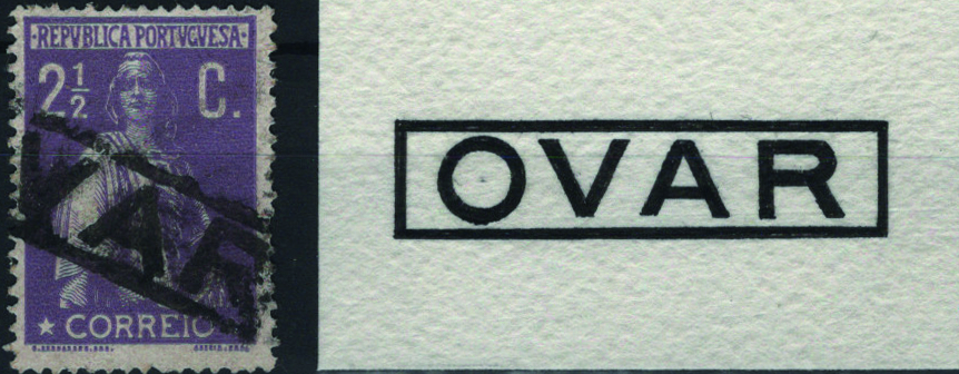 0522.jpg -     Lote:    522                   Descrição:         1912 &mdash; Ceres. Mf211, 2 &frac12; c violeta escuro, papel porcelana, denteado 15x14 obliterado com marca nominativa ferroviária, batida a preto de "OVAR". Exemplar sem defeitos nem reparações. Acompanha desenho de Eduardo Silva.         O       Valor Base:     &euro; 25,00     Valor Venda:     &euro;      
