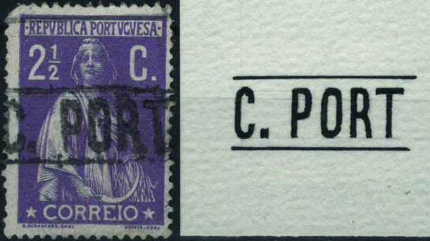 0524.jpg -     Lote:    524                   Descrição:         1912 &mdash; Ceres. Mf211, 2 &frac12; c violeta escuro, papel porcelana, denteado 15x14 obliterado com marca nominativa ferroviária, batida a preto de "C. PORTO". Exemplar com canto curto e sem reparações. Acompanha desenho de Eduardo Silva.         O       Valor Base:     &euro; 25,00     Valor Venda:     &euro;      