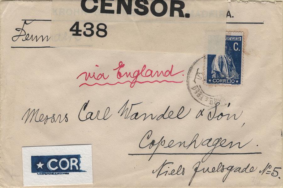0531.jpg -     Lote:    531                   Descrição:         1912 &mdash; Ceres. Mf212, 5c azul, papel porcelana, denteado 15x14 em sobrescrito circulado da Madeira para Copenhaga (20.??.15). Selo com variedade de cliché MM XVII (x25). Censura inglesa com cinta. Acompanha desenho de Eduardo Silva da variedade de cliché.         Carta       Valor Base:     &euro; 20,00     Valor Venda:     &euro;      