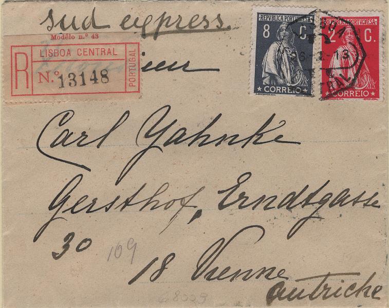 0540.jpg -     Lote:    540                   Descrição:         1912 &mdash; Ceres. Sobrescrito circulado registado de Lisboa (26.04.13) para Viena / Áustria com selos de 2c carmim Mf210 e 8c ardósia, Mf214, ambos em papel porcelana, denteado 15x14, perfazendo o porte de 10c correspondente a: 5c pelo 1.º porte para cartas remetidas para o estrangeiro com peso até 20g e 5c pelo prémio de registo. MB.         Carta       Valor Base:     &euro; 50,00     Valor Venda:     &euro;      