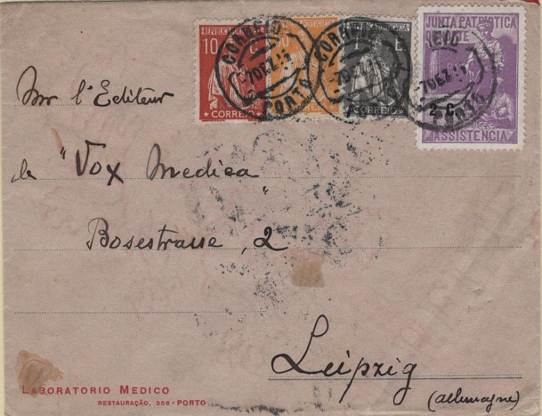 0549.jpg -     Lote:    549                   Descrição:         1912/24 &mdash; Ceres + Ceres, novas cores e taxas + Vinhetas da Junta Patriótica do Norte. Sobrescrito circulado do Porto (07.12.25) para Leipzig com selos de 10c laranja-vermelho Mf215g, 50c laranja Mf244 e 1E ardósia Mf288, perfazendo o porte de 1$60 correspondente ao porte simples para cartas remetidas para o estrangeiro com o peso até 20g. Inclui vinheta da Junta Patriótica do Norte de 2c (violeta).         Carta       Valor Base:     &euro; 40,00     Valor Venda:     &euro;      