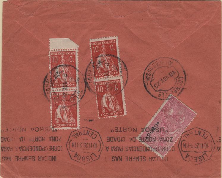 0552.jpg -     Lote:    552                   Descrição:         1912 &mdash; Ceres + Estampilha fiscal * Perfumarias. Sobrescrito circulado de Alcácer do Sal (09.11.26) para Lisboa (10.11.26) com dois pares de selos de 10c, papel liso, denteado 12x11 &frac12;, Mf215g, perfazendo o porte de 40c correspondente ao porte simples para cartas circuladas internamente com o peso até 20g + estampilha fiscal * Perfumarias de 0$05, PB5 que deveria pagar o imposto postal devido pela efeméride dos Padrões da Grande Guerra. Porte insuficiente, pois o imposto postal devido era de 10c. Exemplar sem defeitos nem reparações. B e MR.         Carta       Valor Base:     &euro; 40,00     Valor Venda:     &euro;      