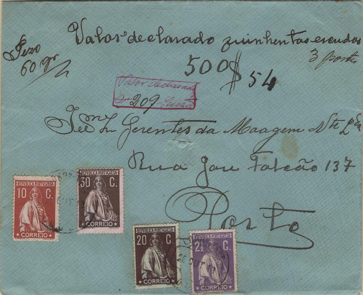 0561.jpg -     Lote:    561                   Descrição:         1912 &mdash; Ceres. Valor declarado de 500$54, com o peso de 60g, remetido da Lousã (28.10.13) para o Porto (29.10.13) com selos de 2 &frac12; c violeta Mf211, 10c tijolo claro, Mf215, 20c chocolate s/ verde, Mf217 e 30c castanho s/ rosa, Mf218, todos em papel porcelana, denteado 15x14, perfazendo o porte de 62 &frac12; c correspondente a: 7 &frac12; c pelo 3.º porte do correio ordinário para cartas remetidas internamente com o peso de 41 a 60g + 5c pelo prémio de registo e 50c pela 25.ª fração do valor declarado (2c por cada fração de 20$00). Exemplar sem defeitos nem reparações. MB e MR.        Carta       Valor Base:     &euro; 400,00     Valor Venda:     &euro;      