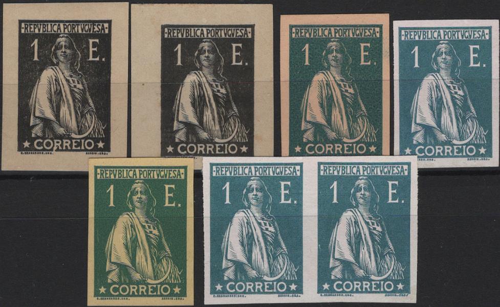 0568.jpg -     Lote:    568                   Descrição:         1912 &mdash; Ceres. Lote composto por 4 provas isoladas e um par de provas para a taxa de 1E, Mf220, não denteadas, duas na cor preta sobre papel liso espesso, outra em verde escuro sobre papel salmão, outra em verde sobre papel porcelana, outra em verde sobre papel amarelo e par em verde sobre papel porcelana.         PRV       Valor Base:     &euro; 30,00     Valor Venda:     &euro;      