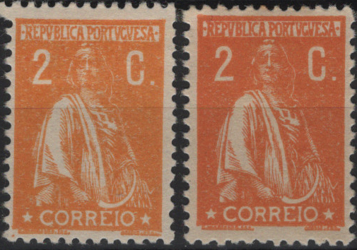 0576.jpg -     Lote:    576                   Descrição:         1917/20 &mdash; Ceres. Novas taxas e cores. MF223h, 2c, papel cartolina, denteado 12x11 &frac12;. Lote com dois exemplares nas cores laranja e laranja claro, com goma original e sinal de charneira, sem defeitos nem reparações. Valor de catálogo &euro; 290.00.         **       Valor Base:     &euro; 30,00     Valor Venda:     &euro;      