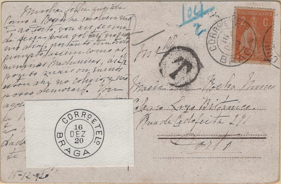 0582.jpg -     Lote:    582                   Descrição:         1917/20 &mdash; Ceres. Novas taxas e cores. Mf223l, 2c laranja, papel amarelado, pontinhado vertical em postal ilustrado circulado de Braga (16.12.20) para o Porto (17.02.20). Franquiado com bilhete-postal simples em vez de bilhete postal ilustrado foi porteado no verso, com o dobro do porte em falta com selo de 2c lilás vermelho MF POR23. Carimbo batido a preto, tipo EUGENE DAGUIN de BRAGA. Acompanha desenho de Eduardo Silva.         PI       Valor Base:     &euro; 60,00     Valor Venda:     &euro;      