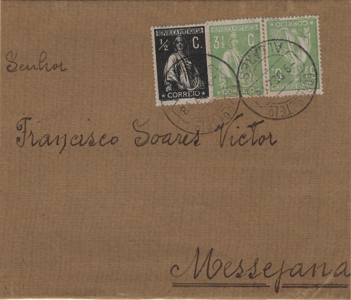 0587.jpg -     Lote:    587                   Descrição:         1917/20 &mdash; Ceres. Novas taxas e cores. Cinta circulada de Algares (09.12.18) para Messejana, com trânsito por Aljustrel (09.12.18) com selo de 1(2 c preto, denteado 15x14, Mf207 e dois selos de 3 &frac12; c verde claro, denteado 15x14, Mf225. Carimbo circular datado tipo 1880, batido a preto de "ALGARES". B e R.         CNT       Valor Base:     &euro; 25,00     Valor Venda:     &euro;      