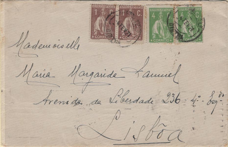 0598.jpg -     Lote:    598                   Descrição:         1917/20 &mdash; Ceres. Novas taxas e cores. Sobrescrito circulado de Sintra (04.02.21) para Lisboa (04.02.21) com par de selos de 1c castanho, denteado 15x14, papel amarelado pontinhado, Mf221o e dois selos de 4c verde, papel cartolina, denteado 15x14, Mf226f para pagar o porte simples de cartas circuladas em Portugal com peso até 20g.         Carta       Valor Base:     &euro; 25,00     Valor Venda:     &euro;      