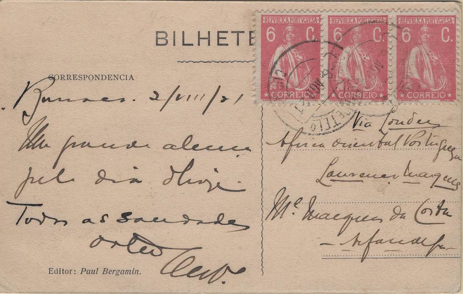 0603.jpg -     Lote:    603                   Descrição:         1917/20 &mdash; Ceres. Novas taxas e cores. Mf228b, 6c lilás rosa claro, papel pontinhado vertical, denteado 12x11 &frac12;. Tira horizontal com 3 selos em postal ilustrado circulado Bussaco (06.08.21) para Lourenço Marques / Moçambique para pagar o porte simples para bilhetes postais simples remetidos para as colónias portuguesa. Exemplar sem defeitos nem reparação. MB e R.         PI       Valor Base:     &euro; 20,00     Valor Venda:     &euro;      
