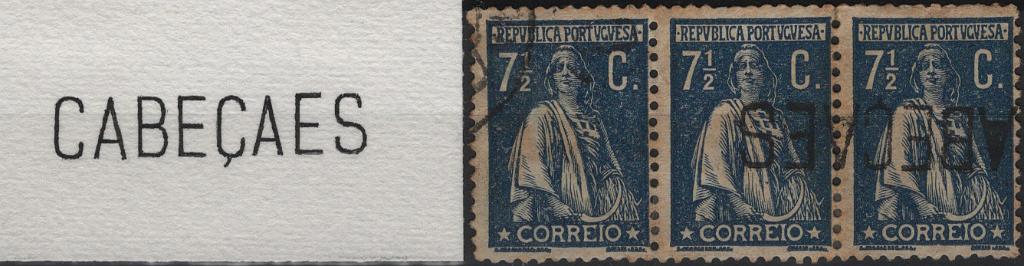0605.jpg -     Lote:    605                   Descrição:         1917/20 &mdash; Ceres. Novas taxas e cores. Mf229, 7 &frac12; c azul, papel pontinhado vertical, denteado 15x14. Tira horizontal com 3 selos, obliterados com carimbo batido a preto "CABEÇAES". R.         O       Valor Base:     &euro; 25,00     Valor Venda:     &euro;      