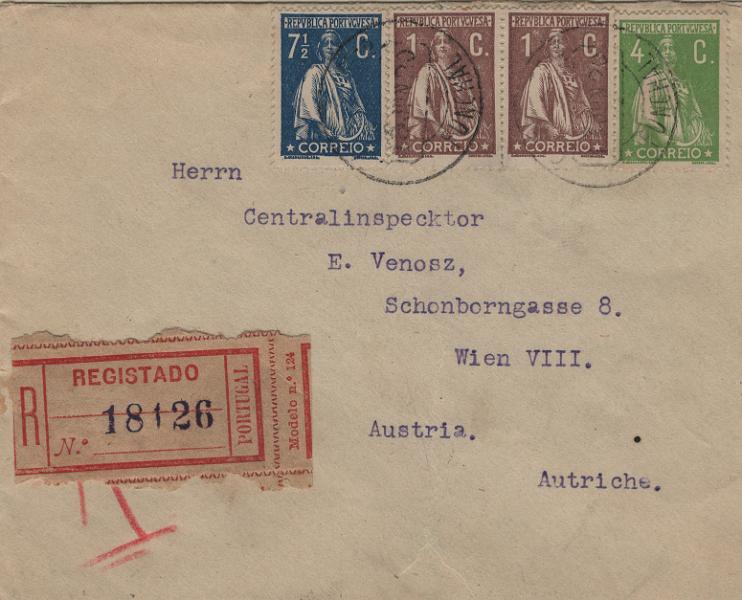 0608.jpg -     Lote:    608                   Descrição:         1917/20 &mdash; Ceres. Novas taxas e cores. Sobrescrito circulado registado do Funchal (16.06.20) para a Áustria com par de selos de 1c castanho, Mf221, selo de 4c verde, Mf226 e selo de 7 &frac12; c azul, Mf229, todos em denteado 15x14, para pagar o porte simples + registo em cartas circuladas para o estrangeiro com o peso até 20g.         Carta       Valor Base:     &euro; 15,00     Valor Venda:     &euro;      