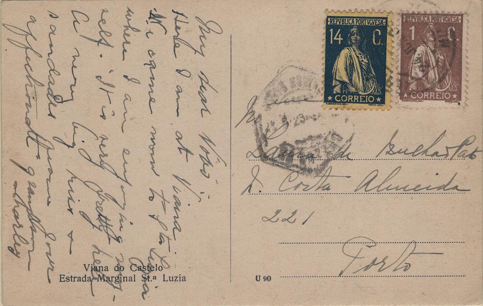 0613.jpg -     Lote:    613                   Descrição:         1917/20 &mdash; Ceres. Novas taxas e cores. Postal ilustrado circulado para o Porto (25.06.23) com selo de 1c castanho, denteado 12x11 &frac12;, Mf221 e selo de 14c azul s/ amarelo, papel porcelana colorido, denteado 12x11 &frac12;, MF232, para pagar o porte para bilhetes postais simples circulados em Portugal. B e R.         PI       Valor Base:     &euro; 40,00     Valor Venda:     &euro;      