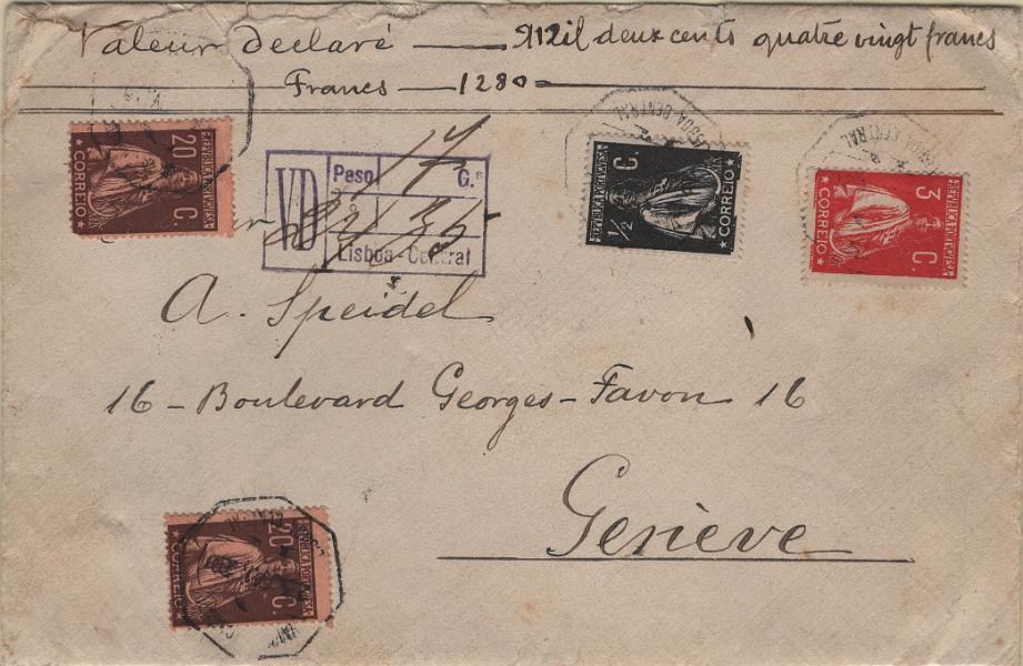 0622.jpg -     Lote:    622                   Descrição:         1917/20 &mdash; Ceres. Novas taxas e cores. Valor declarado de 1.280 francos, com o peso de 17g, remetido de Lisboa (23.01.20) para Genève (28.01.20) com trânsito por Madrid (25.01.20) e Lyon (27.01.20) com selos de &frac12; c preto, papel azulado, denteado 15x14, Mf2073, 3c carmim papel pontinhado denteado 15x14, Mf224 e 2x20c castanho s/ salmão, papel porcelana colorido, denteado 15x14, Mf233 para pagar: 7 &frac12; c pelo porte simples para cartas remetidas para o estrangeiro com o peso até 20g + 6c pelo prémio de registo e 30c pelo valor declarado. NB e MR.         Carta       Valor Base:     &euro; 250,00     Valor Venda:     &euro;      