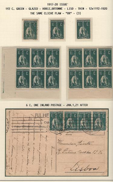 0626.jpg -     Lote:    626                   Descrição:         1912 &mdash; Ceres. Lote composto por dezenas de folhas de exposição com selos novos (com e sem charneira), usados, isolados ou em múltiplos, variedade de clichés, com estudo de papéis e denteados, assim como sobrescritos e postais ilustrados circulados. Remanescente de coleção especializada da 2.ª emissão tipo Ceres. Lote a ver.         Lote       Valor Base:     &euro; 500,00     Valor Venda:     &euro;      